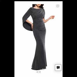 NWT Betsy & Adam Metallic Drape Back Trumpet Gown black silver